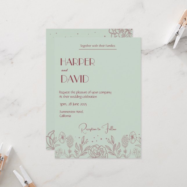 Convite Elegante Mint Green Floral Line Invitation (Frente/Verso In Situ)