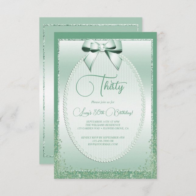 Convite Elegante Mint Green Jeweled Birthday (Frente/Verso)
