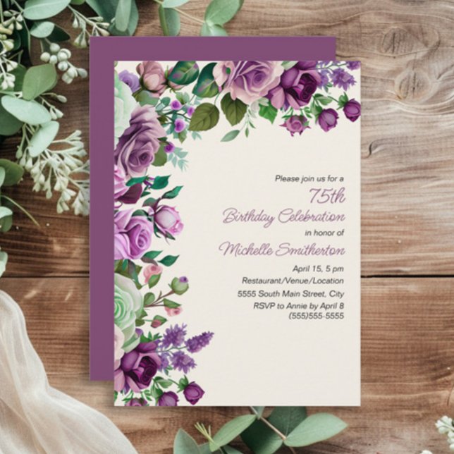 Convite Elegante Mint Green Purple Floral 75º Aniversário (Purple and mint green watercolor floral women's 75th birthday party invitation)