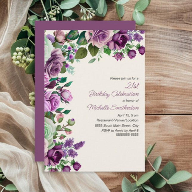 Convite Elegante Mint Green Purple Floral aniversário de 2 (Purple floral 21st birthday party invitation)