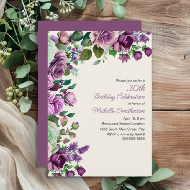 Convite Elegante Mint Green Purple Floral aniversário de 3 (Purple watercolor floral and mint green leaves 30th birthday party invitation)