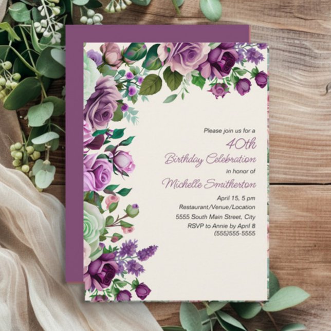 Convite Elegante Mint Green Purple Floral aniversário de 4 (Purple floral and mint green leaves 40th birthday party invitation)