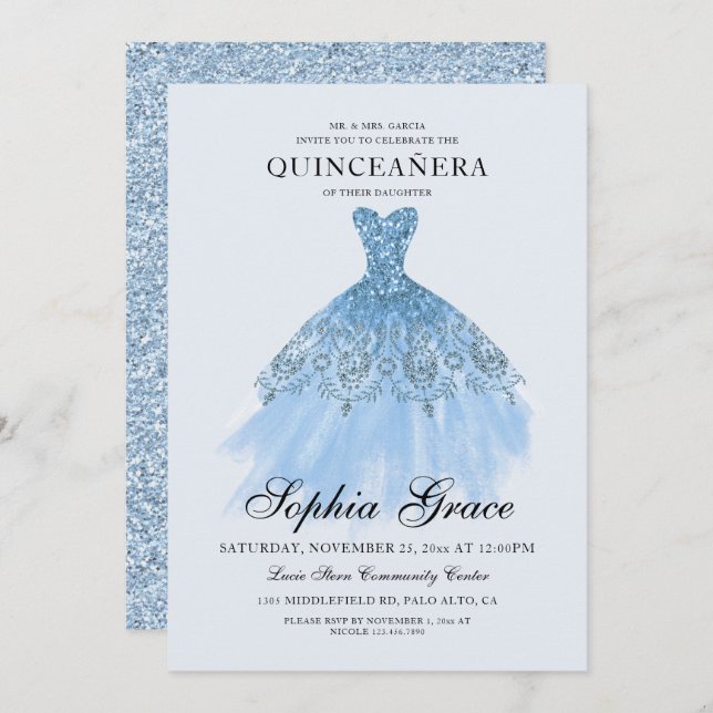 Convite Elegante Mis Quince Blue Glitter Quinceañera (Frente/Verso)