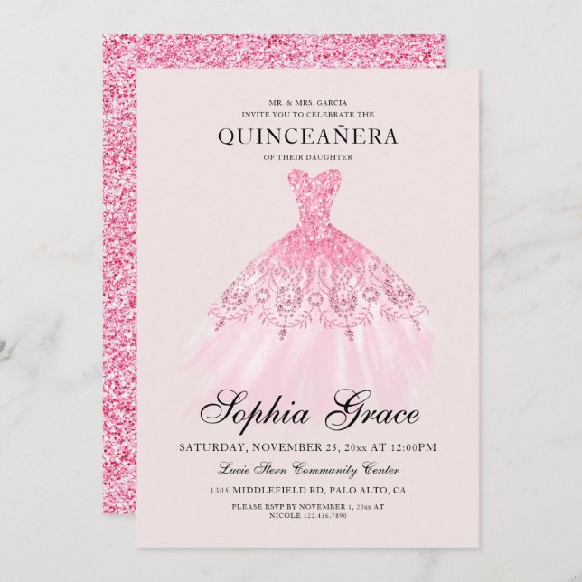Convite Elegante Mis Quince Rosa Glitter Quinceañera (Frente/Verso)