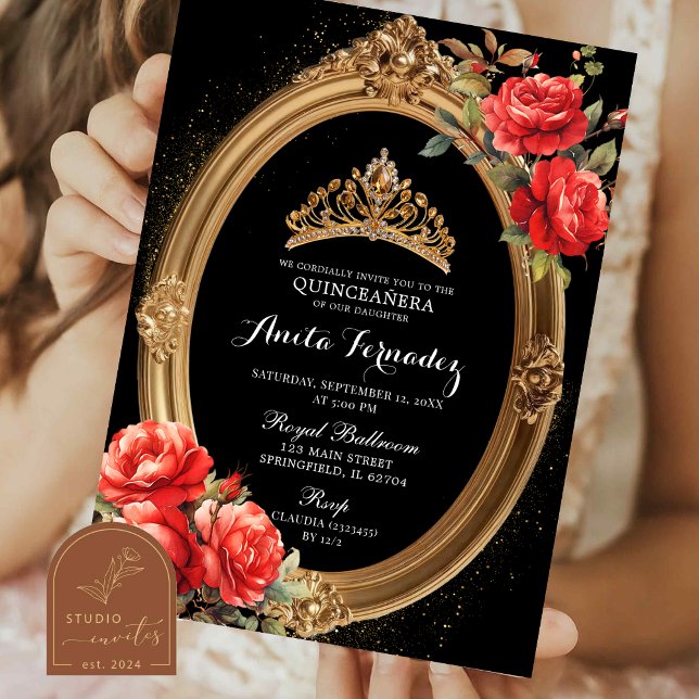 Convite Elegante Mis Quince Rosa Preta e Vermelha (Criador carregado)