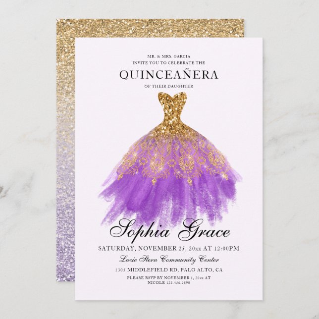 Convite Elegante Mis Quince Roxo Glitter Dourado Quinceañe (Frente/Verso)