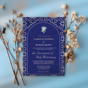 Convite Elegante Missa Nupcial Floral Casamento Real Azul