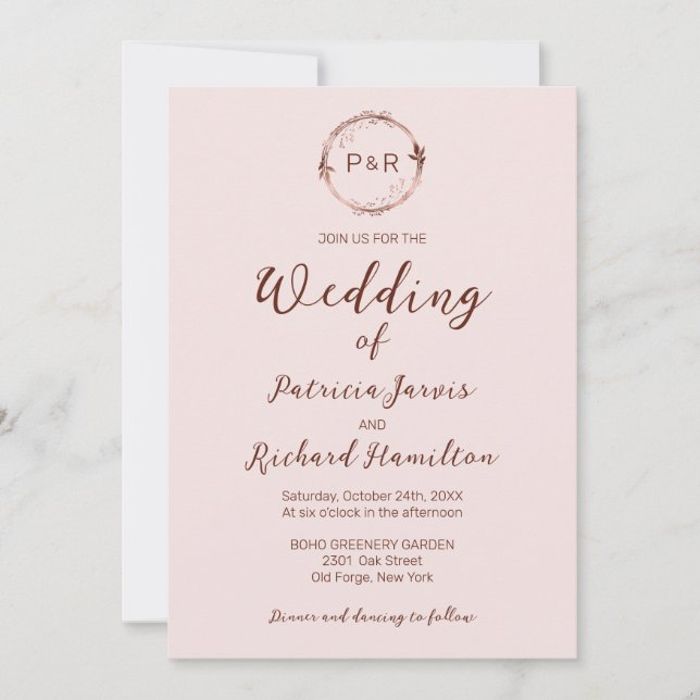 Convite Elegante Misty Rosa Monograma (Frente)