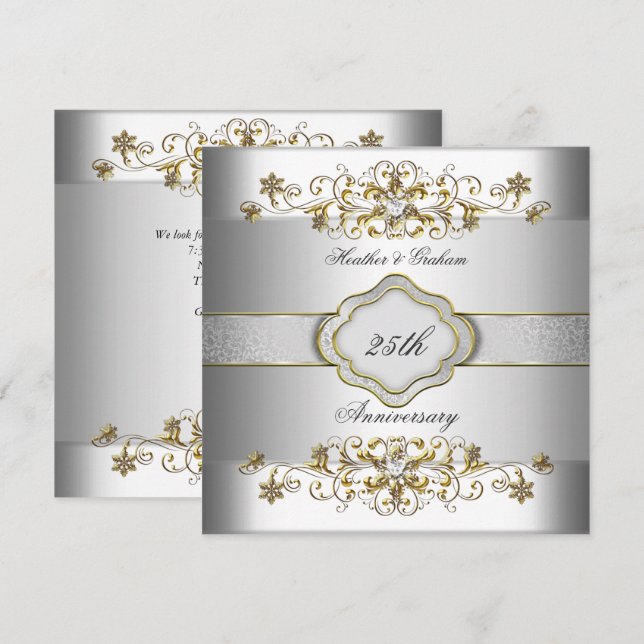 Convite Elegante Modelo Prata Dourado Branco de Aniversári (Frente/Verso)