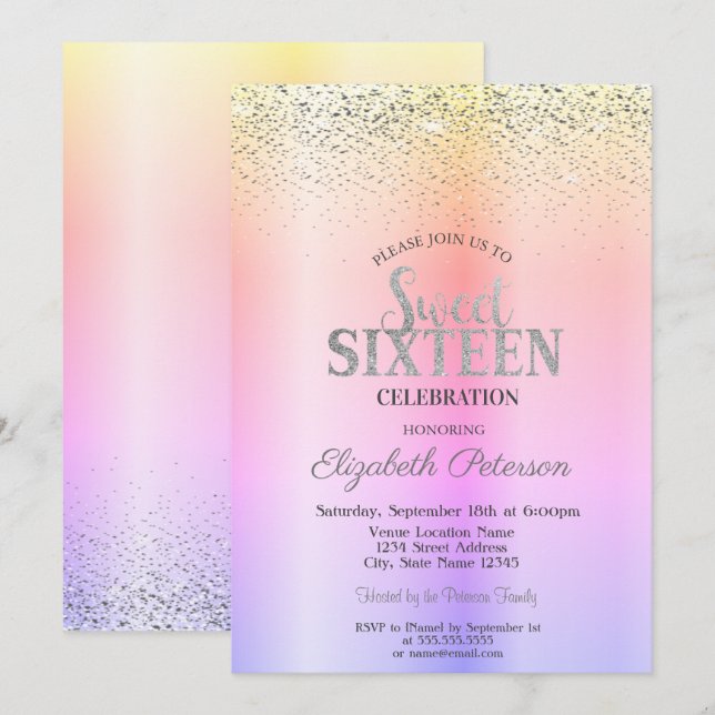 Convite Elegante Modern Ombre, Confetti Sweet 16 (Frente/Verso)