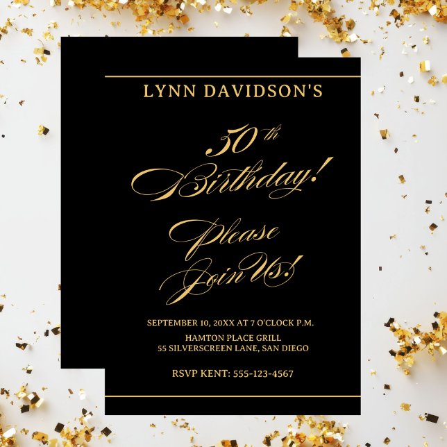Convite Elegante Moderno 50º aniversário Dourado Negro (Elegant Modern 50th Birthday Gold Black Invitation)