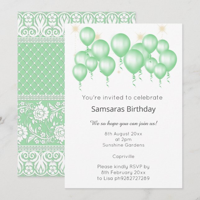 CONVITE ELEGANTE MODERNO BALLOON SAGE GREEN LACE ANIVERSÁR (Frente/Verso)