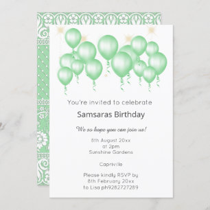 CONVITE ELEGANTE MODERNO BALLOON SAGE GREEN LACE ANIVERSÁR