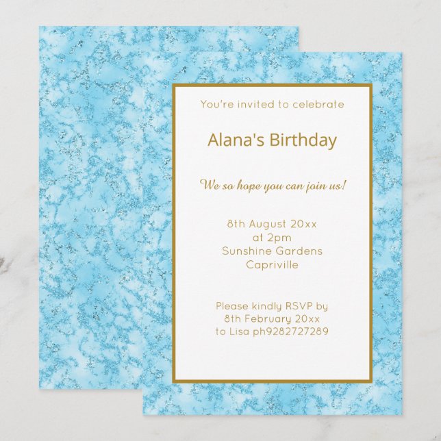 CONVITE ELEGANTE MODERNO BLUE MARBLE GLITTER SIMPLES (Frente/Verso)