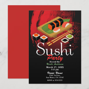 Convite Elegante Moderno Chic Festa de Sushi Preto e Verme