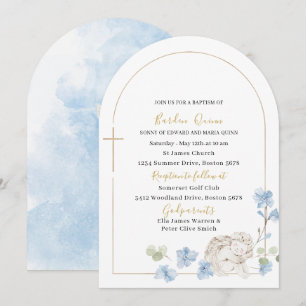 Convite Elegante moderno de aquarela azul anjo batismo
