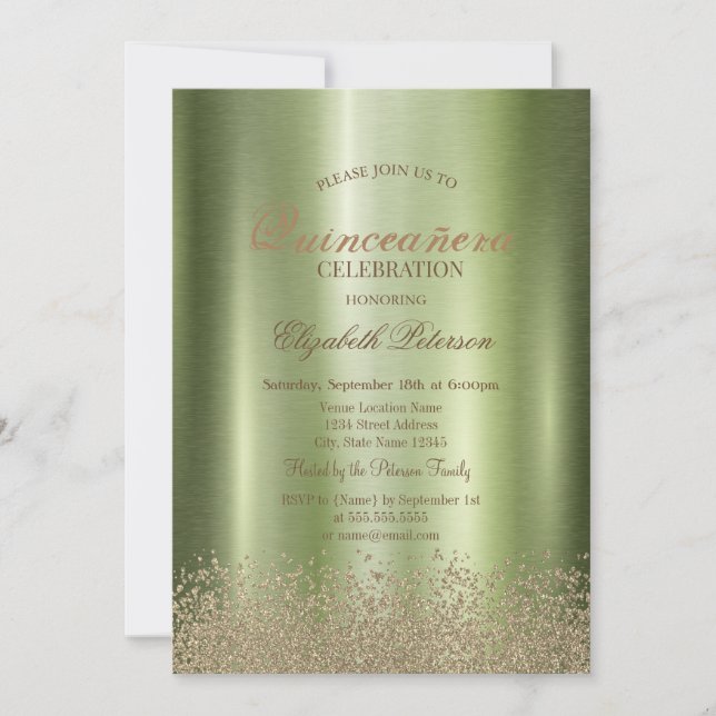 Convite Elegante Moderno Diamantes Verde Metálico Quinceañ (Frente)