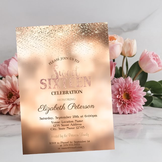 Convite Elegante Moderno Dourado Confetti, Bokeh Sweet 16 (Criador carregado)