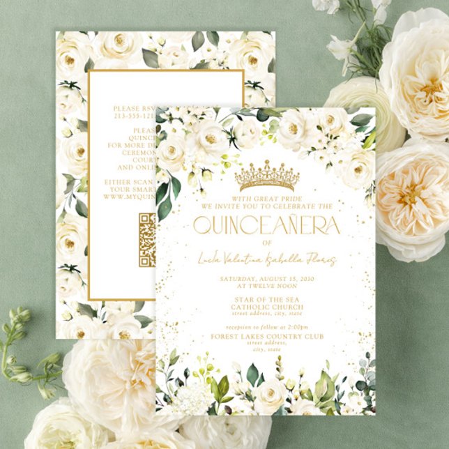Convite Elegante Moderno Dourado Floral QR Quinceañera (Criador carregado)