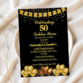 Convite Elegante Moderno Preto e Dourado 50º Aniversário d