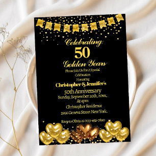 Convite Elegante Moderno Preto e Dourado 50º Aniversário d