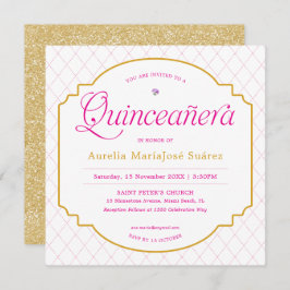 Convite Elegante Moderno Rosa Dourada Quinceañera