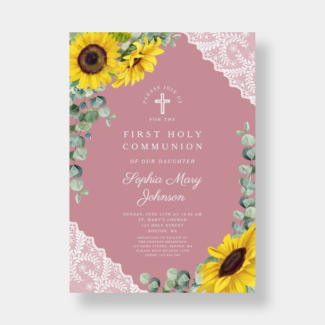 Convite Elegante Moderno Rosa Floral Primeira Comunhão (Elegant Modern Pink Floral Cross First Communion Invitation)