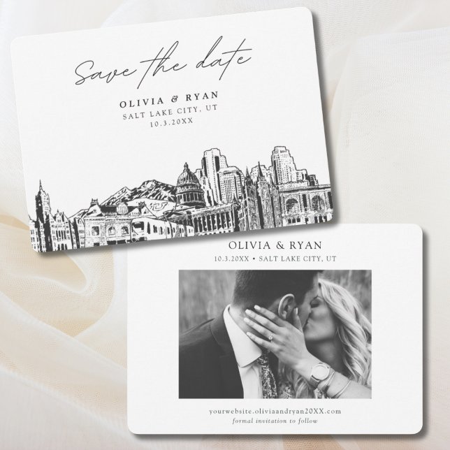 Convite Elegante Moderno Salt Lake City Salvar a Data (Salt Lake City save the date invitation for SLC wedding )