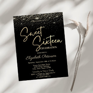 Convite Elegante Moderno Simples Confetes Preto Sweet 16