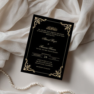 Convite Elegante Moldura Antiga Cerimônia Nikah Preto Dour