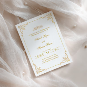 Convite Elegante Moldura Antiga Dourado Branco Compromisso