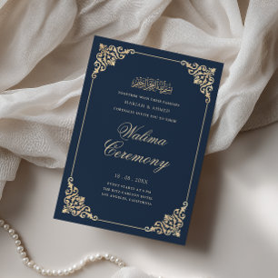 Convite Elegante Moldura Barroca Azul-Marinho Cerimônia Wa