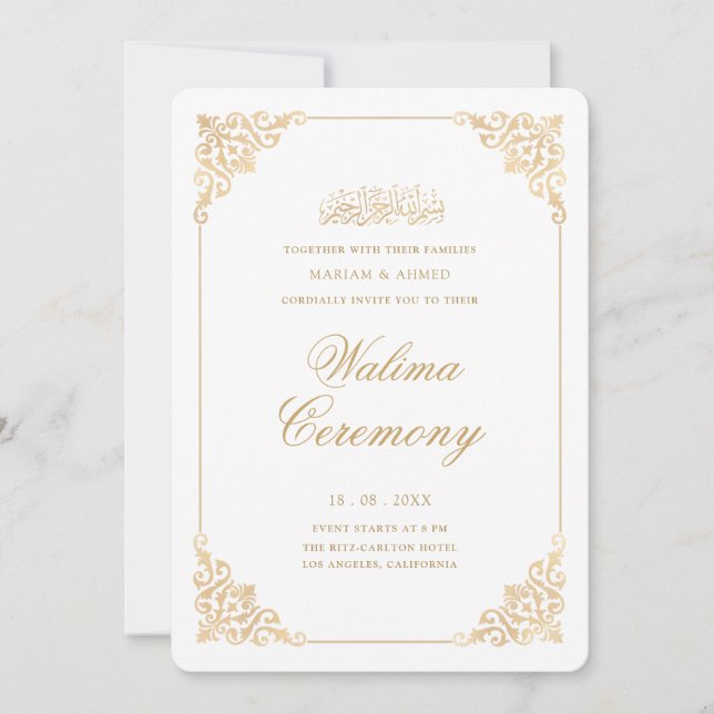Convite Elegante Moldura Barroca Dourada Cerimônia Walima  (Frente)