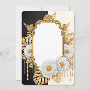 Convite Elegante Moldura Barroca Dourada com Flores Branca
