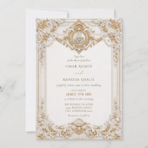 Convite Elegante Moldura Barroca em Ouro e Branco Casament