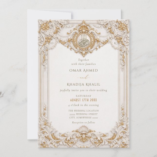 Convite Elegante Moldura Barroca em Ouro e Branco Casament (Frente)