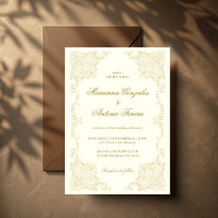 Convite Elegante moldura de casamento dourada e marfim vin