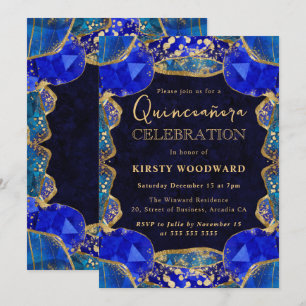 Convite Elegante Moldura de Cristal Azul Dourado Quinceane