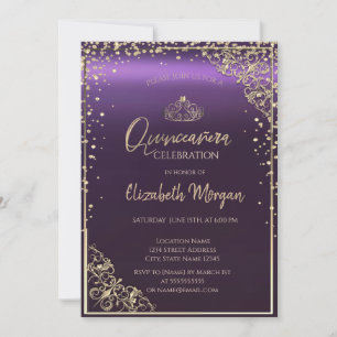 Convite Elegante Moldura de Diamantes Quinceañera Roxa