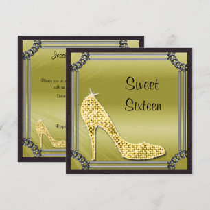 Convite Elegante Moldura de Prata Stiletto Dourado Sweet 1