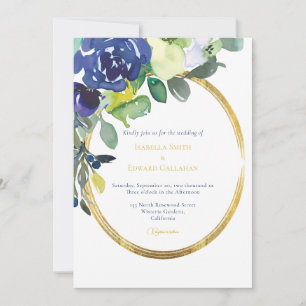 Convite Elegante Moldura Dourada Azul Floral Aquarela Bran