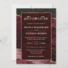 Convite Elegante Moldura Dourada Casamento Ágata Vermelha