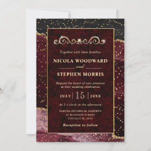 Convite Elegante Moldura Dourada Casamento Ágata Vermelha 