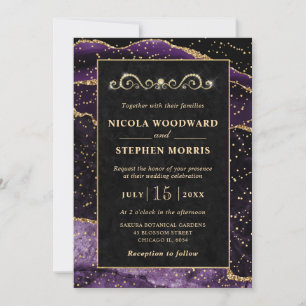 Convite Elegante Moldura Dourada Casamento de Ágata Roxa