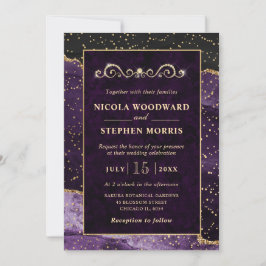 Convite Elegante Moldura Dourada Casamento de Ágata Roxa O
