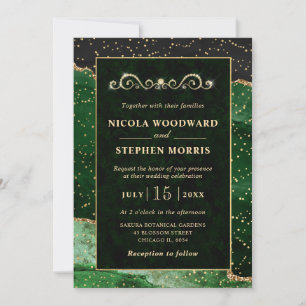 Convite Elegante Moldura Dourada com Ágata Verde para Noiv