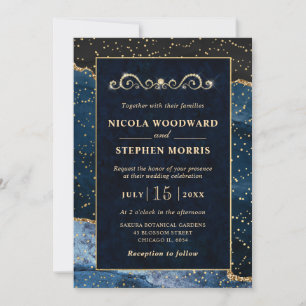 Convite Elegante Moldura Dourada de Ágata Azul para Noiva