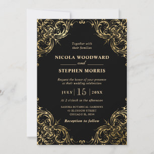 Convite Elegante Moldura Dourada em Decoração de Casamento