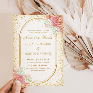 Convite Elegante Moldura Dourada Floral Brilho Nossa Noiva