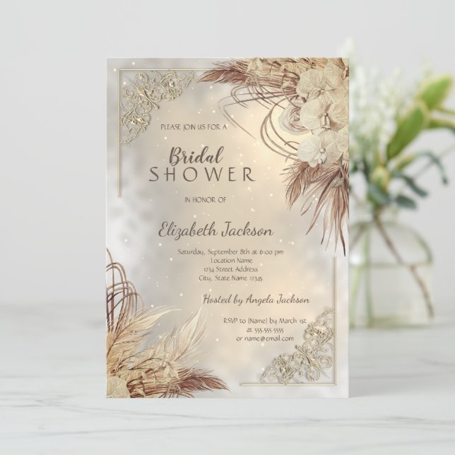 Convite Elegante Moldura Dourada Flores Boho Chá de Noiva (Em pé/Frente)
